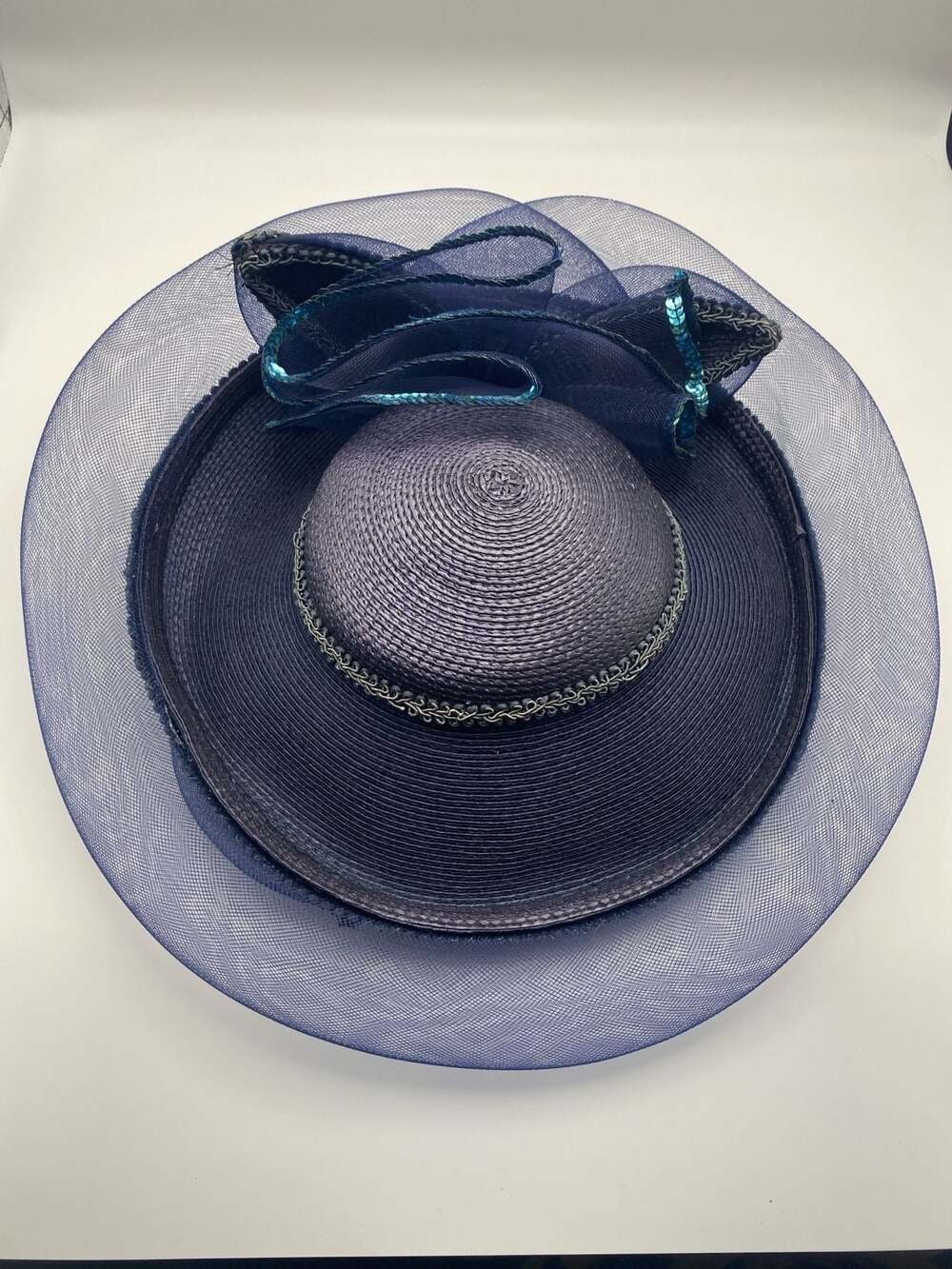 Fischer Navy Blue Wide Brim Formal Hat with Sequined Bow and Veil